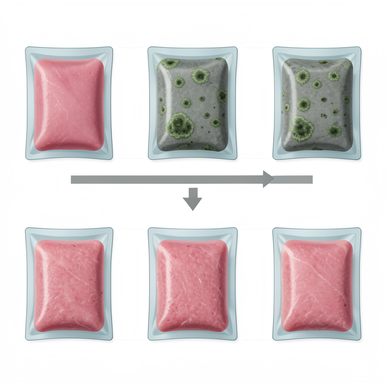 AI-generated conceptual illustration (raw dog food (BARF diet) in vacuum-sealed packaging). It explains the idea and does not show study data.