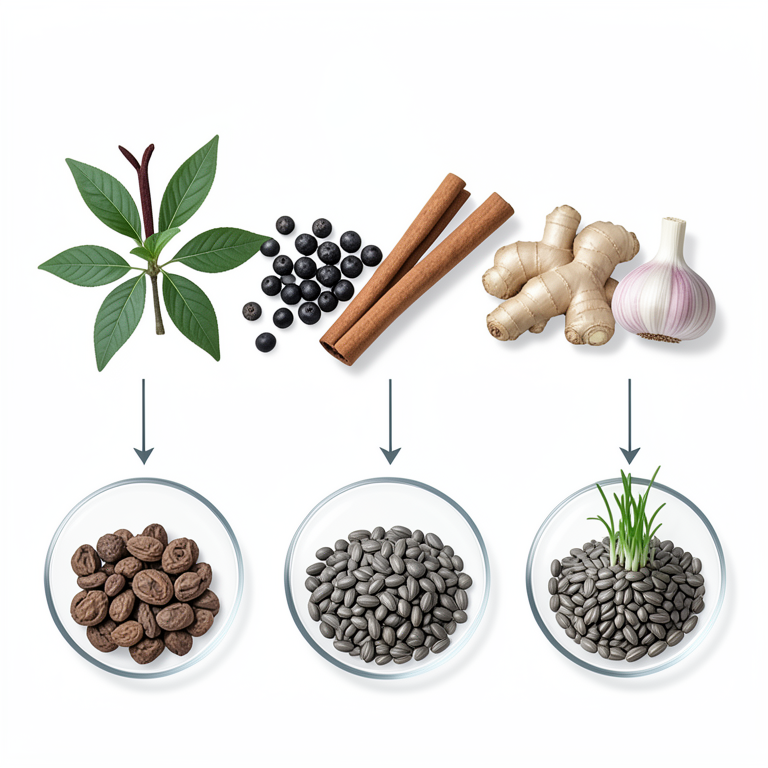 AI-generated conceptual illustration (Parthenium hysterophorus seeds and spice plants (cloves, black pepper, cinnamon, ginger, garlic)). It explains the idea and does not show study data.