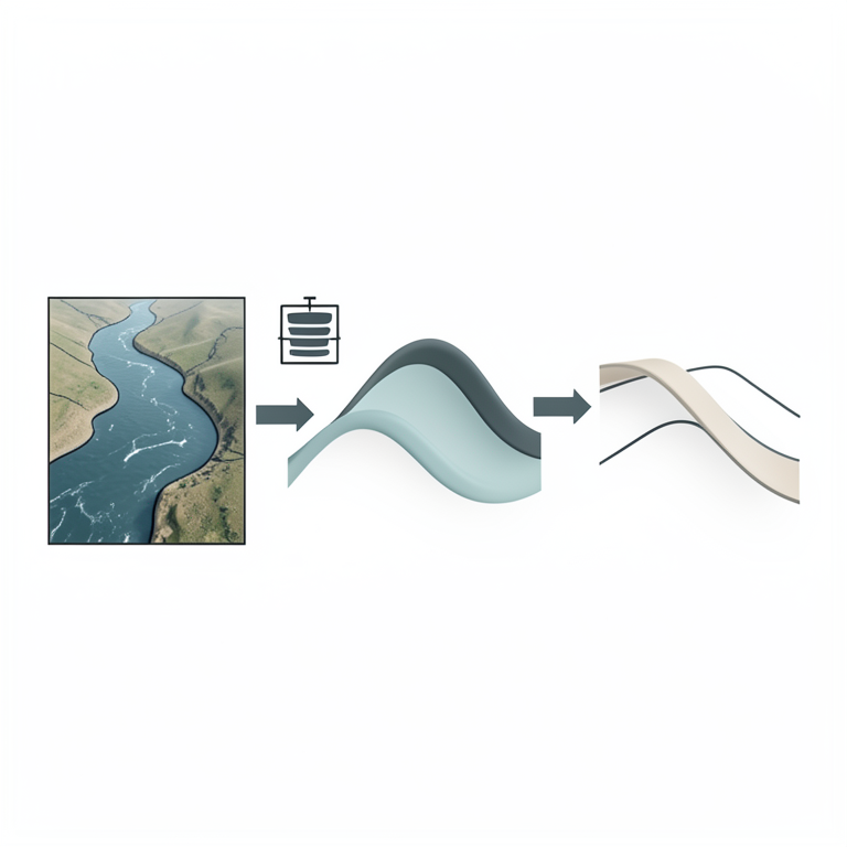 AI-generated conceptual illustration (a river basin with a water gauging station). It explains the idea and does not show study data.