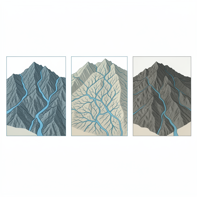 AI-generated conceptual illustration (Carpathian mountain range drainage basins with crystalline, flysch, and volcanic rock layers). It explains the idea and does not show study data.