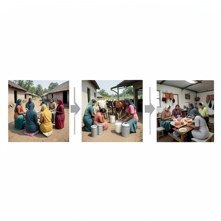 AI-generated conceptual illustration (Rural Indian women in a village setting). It explains the idea and does not show study data.