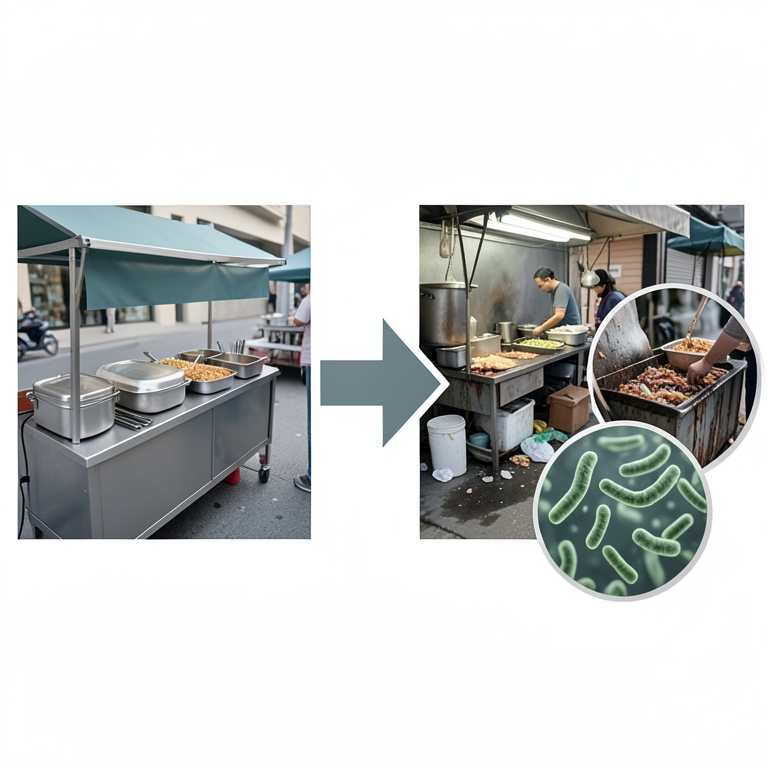 AI-generated conceptual illustration (street-vended food stalls and Listeria monocytogenes bacteria). It explains the idea and does not show study data.