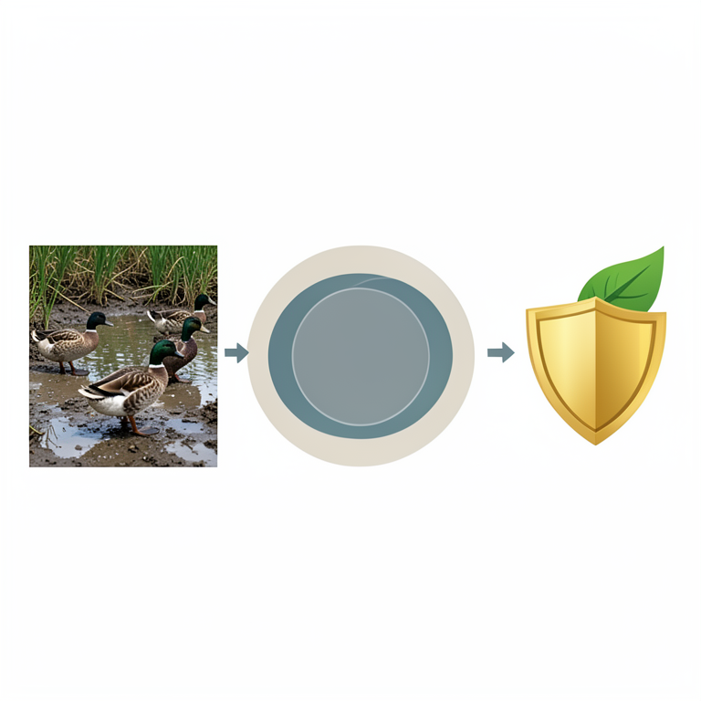 AI-generated conceptual illustration (domestic ducks in a rural wetland farm setting). It explains the idea and does not show study data.