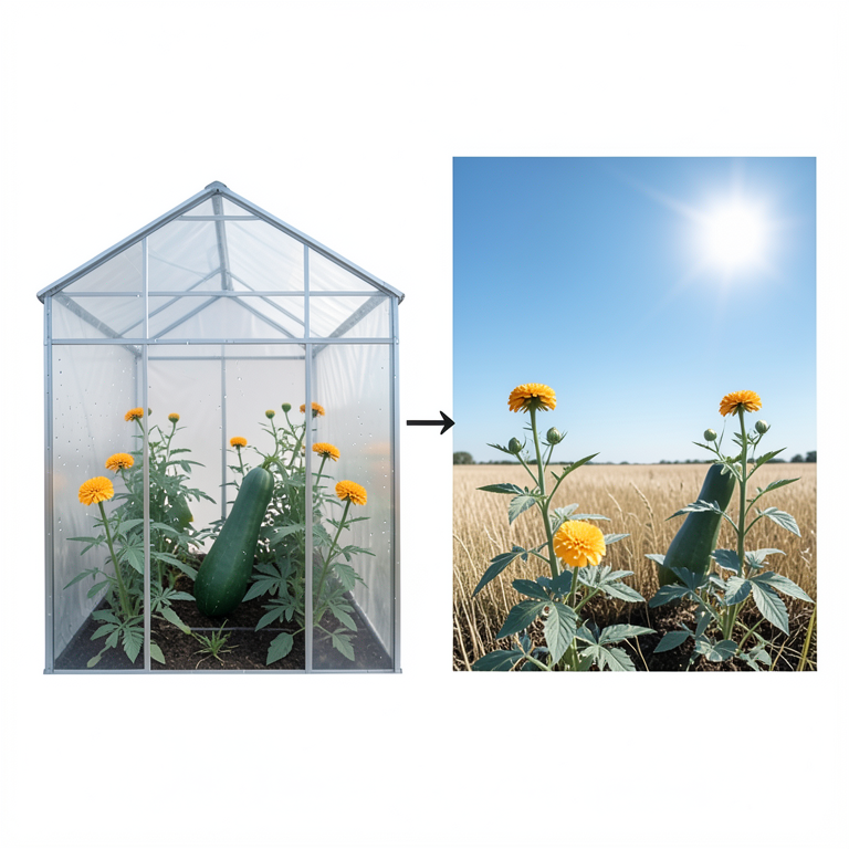 AI-generated conceptual illustration (bottle gourd and marigold plants in a polyhouse and an open field). It explains the idea and does not show study data.