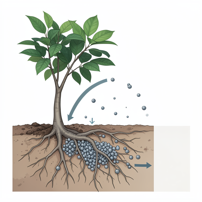 AI-generated conceptual illustration (Nutmeg trees (Myristica fragrans) in soil). It explains the idea and does not show study data.