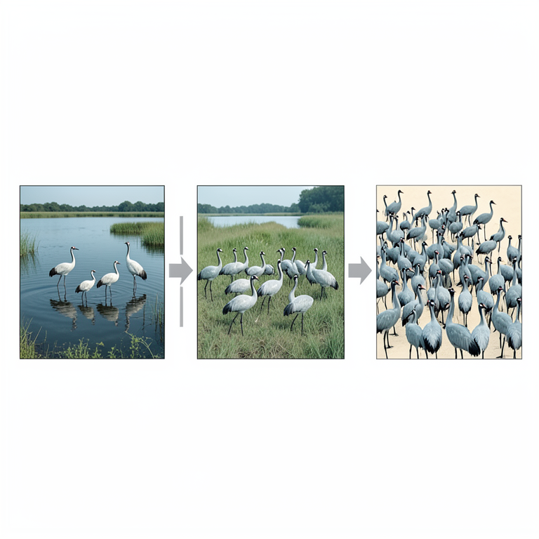 AI-generated conceptual illustration (Sarus cranes in a wetland lake environment). It explains the idea and does not show study data.