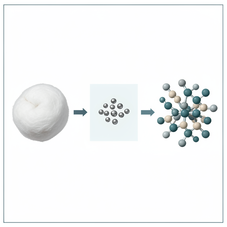 AI-generated conceptual illustration (cotton fabric fibers and metallic nanoparticles). It explains the idea and does not show study data.