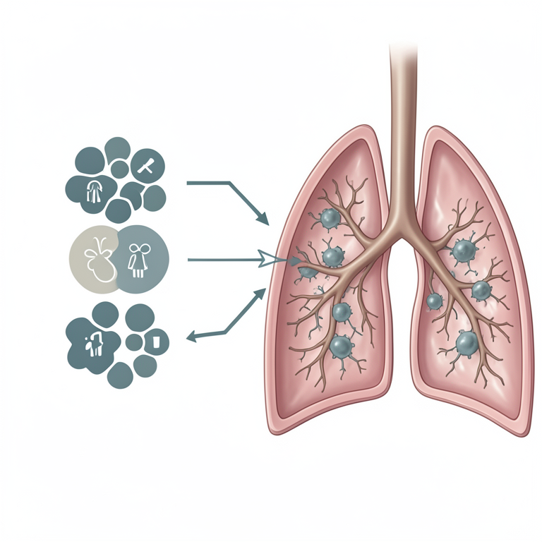 AI-generated conceptual illustration (Mycobacterium tuberculosis bacteria and human lung tissue). It explains the idea and does not show study data.