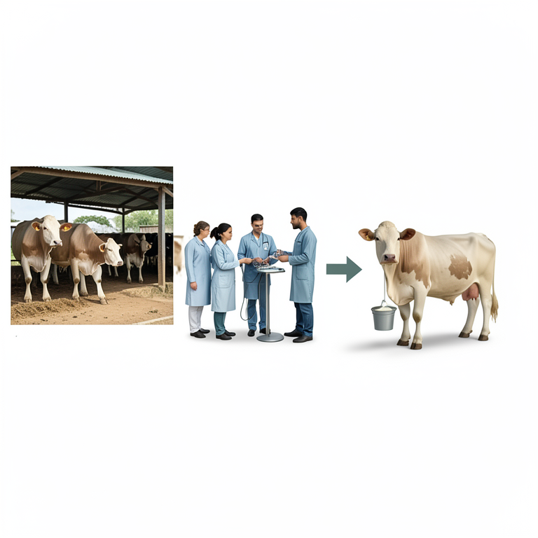 AI-generated conceptual illustration (Indian Holstein-Friesian crossbred cows and dairy farmers in Uttar Pradesh). It explains the idea and does not show study data.