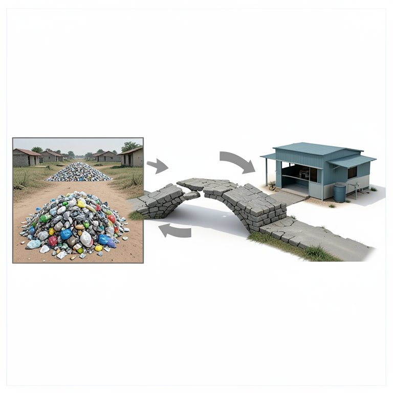 AI-generated conceptual illustration (Plastic waste management in a rural Indian village setting). It explains the idea and does not show study data.