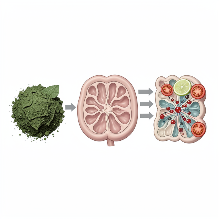 AI-generated conceptual illustration (Digera muricata leaves and human intestinal epithelial cells). It explains the idea and does not show study data.