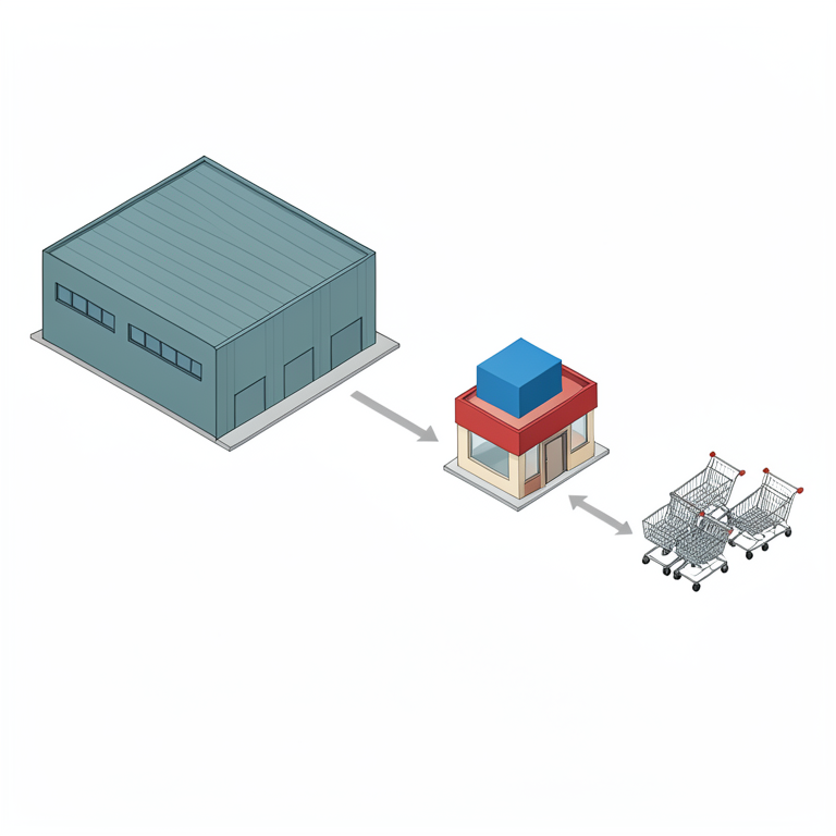 AI-generated conceptual illustration (a warehouse and a retail store). It explains the idea and does not show study data.