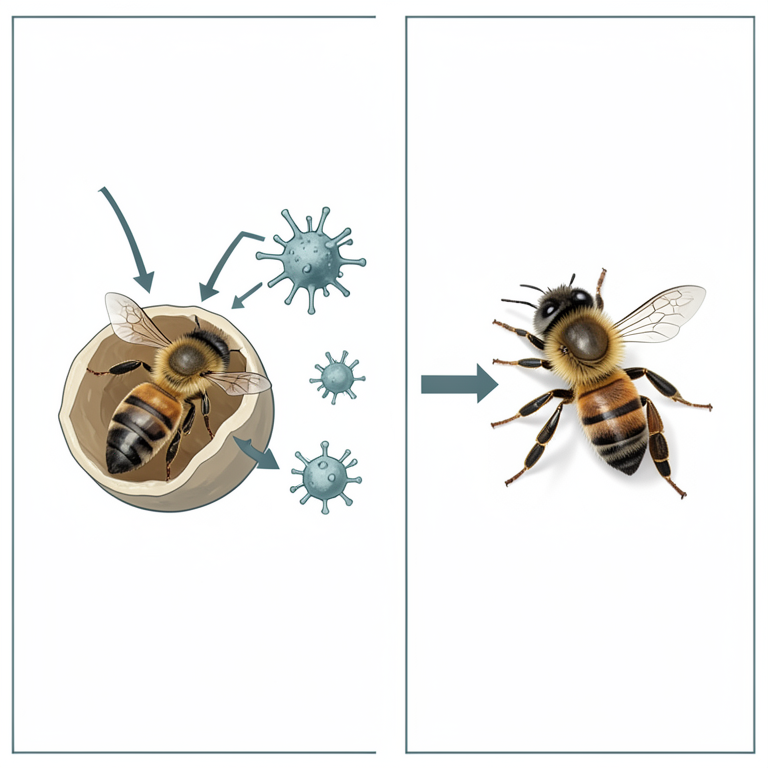 AI-generated conceptual illustration (Honey bees (Apis mellifera) in various life stages). It explains the idea and does not show study data.