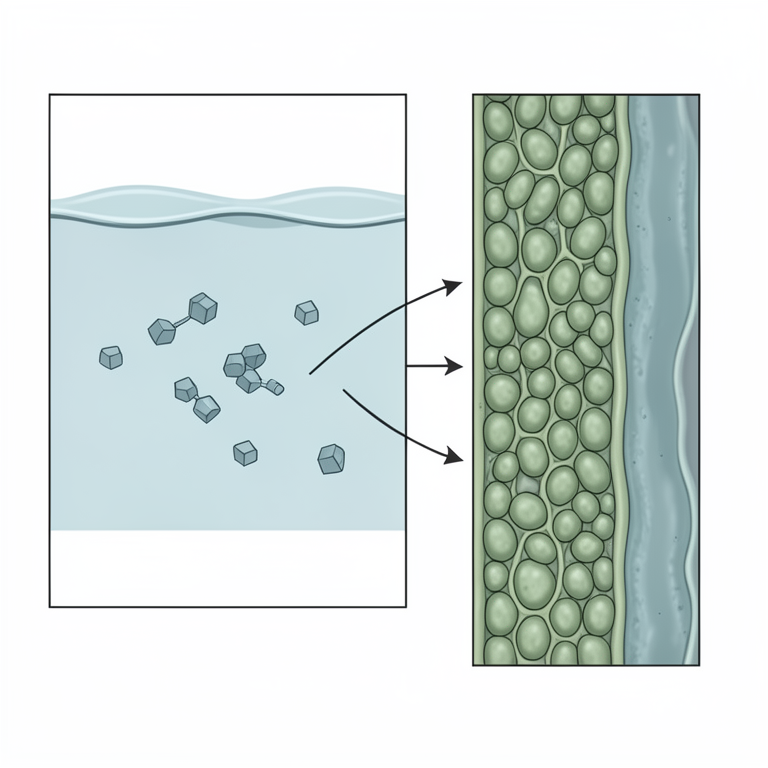 AI-generated conceptual illustration (Spirogyra algae biomass and amoxicillin molecules in water). It explains the idea and does not show study data.