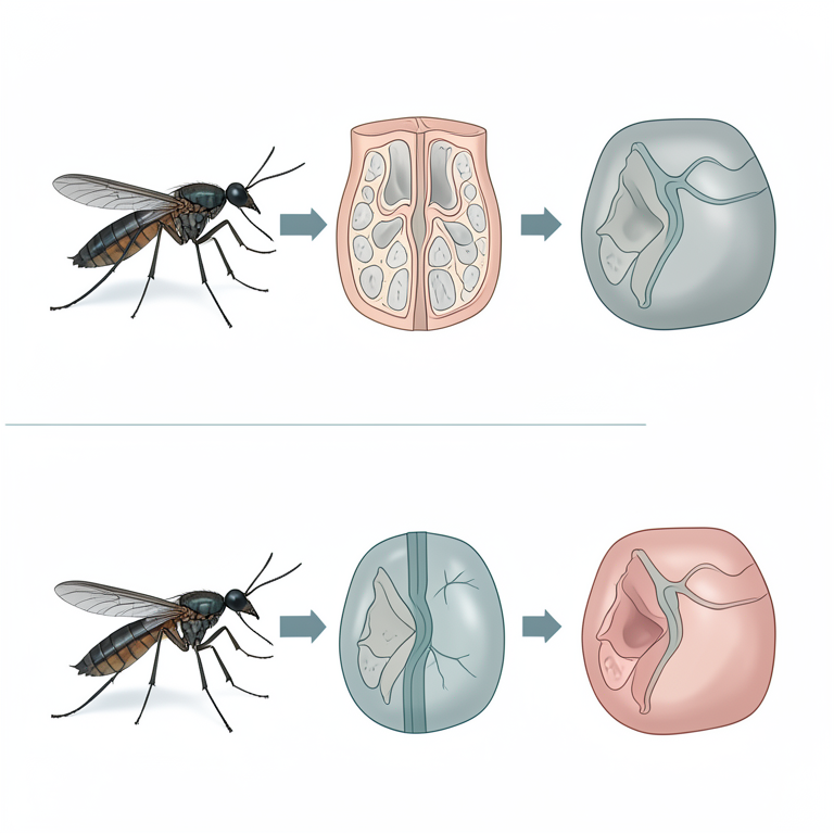 AI-generated conceptual illustration (Aedes aegypti mosquitoes and human skin). It explains the idea and does not show study data.
