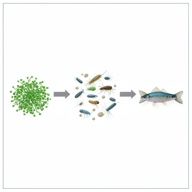 AI-generated conceptual illustration (Freshwater zooplankton, phytoplankton, and small fish in a dam ecosystem). It explains the idea and does not show study data.