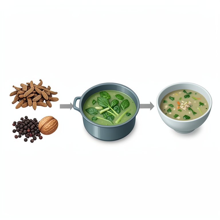 AI-generated conceptual illustration (Nigerian Oha soup and four local spices (Parkia biglobosa, Xylopia aethiopica, Piper guineense, and Monodora myristica)). It explains the idea and does not show study data.