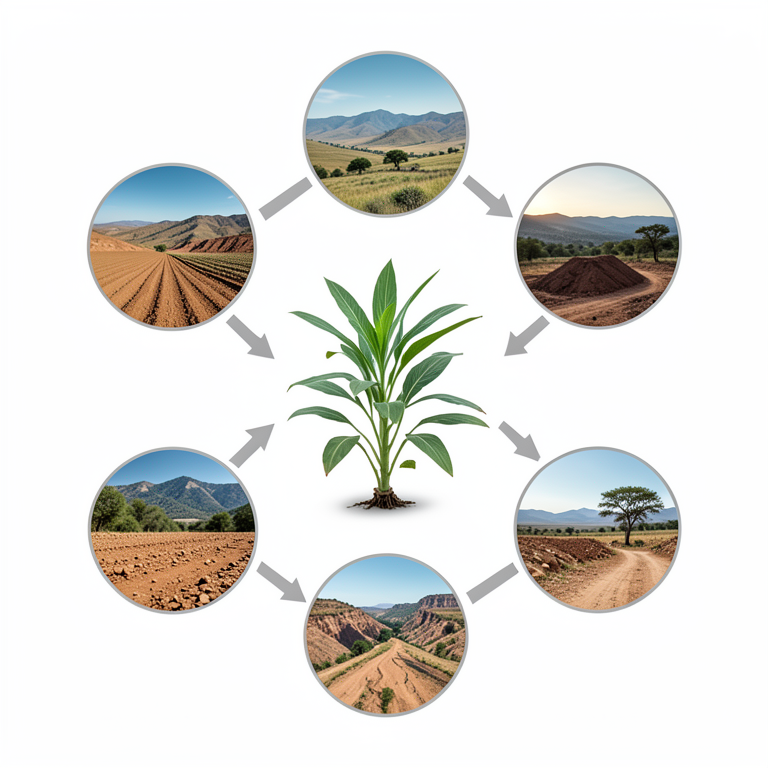 AI-generated conceptual illustration (Tef plants (Eragrostis tef) in diverse Ethiopian landscapes). It explains the idea and does not show study data.