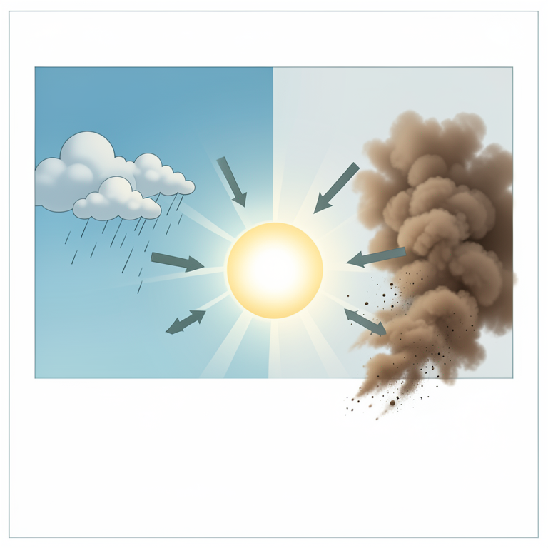 AI-generated conceptual illustration (Solar radiation and atmospheric particles over a landscape in Diyala Governorate). It explains the idea and does not show study data.