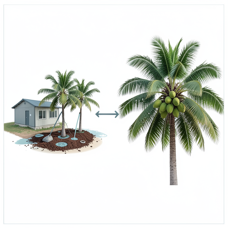 AI-generated conceptual illustration (Coconut palms in a coastal plantation). It explains the idea and does not show study data.