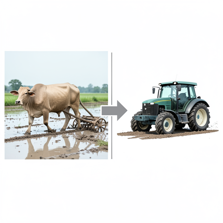AI-generated conceptual illustration (Umblachery bullocks and a modern agricultural tractor in a paddy field). It explains the idea and does not show study data.
