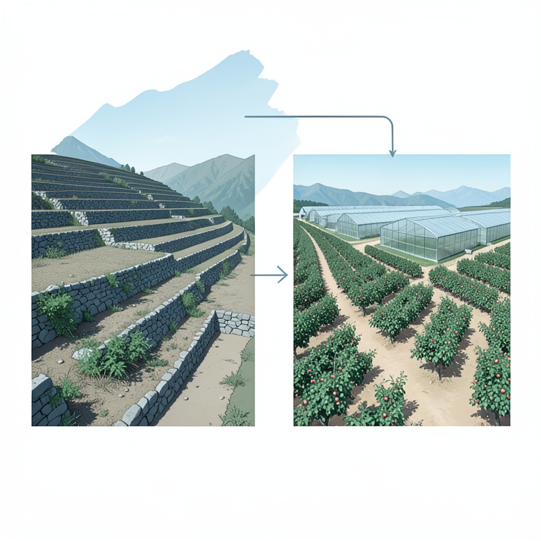 AI-generated conceptual illustration (Terraced farmland in the Western Himalayas). It explains the idea and does not show study data.