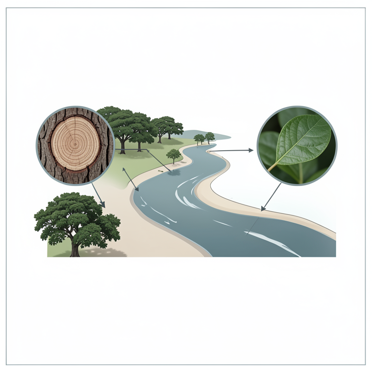 AI-generated conceptual illustration (Sapodilla trees (Manilkara zapota) in a river floodplain). It explains the idea and does not show study data.