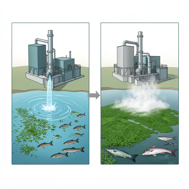 AI-generated conceptual illustration (wastewater treatment plant and a freshwater lake ecosystem). It explains the idea and does not show study data.
