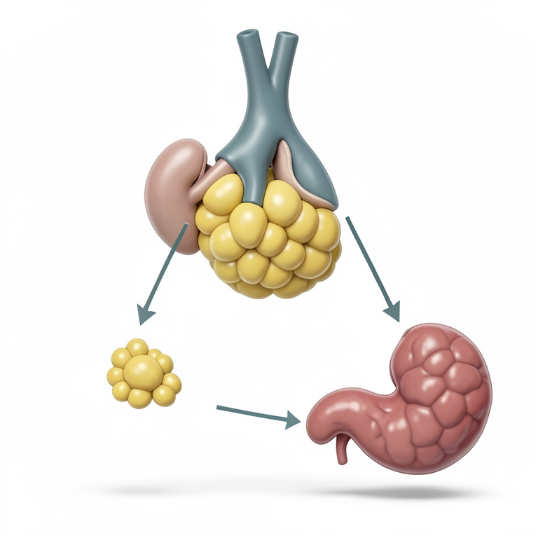 AI-generated conceptual illustration (Human thyroid gland, adipose tissue, and pancreas). It explains the idea and does not show study data.