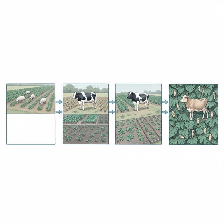AI-generated conceptual illustration (integrated farming systems featuring crops, sheep, dairy cows, vegetables, and silkworms). It explains the idea and does not show study data.