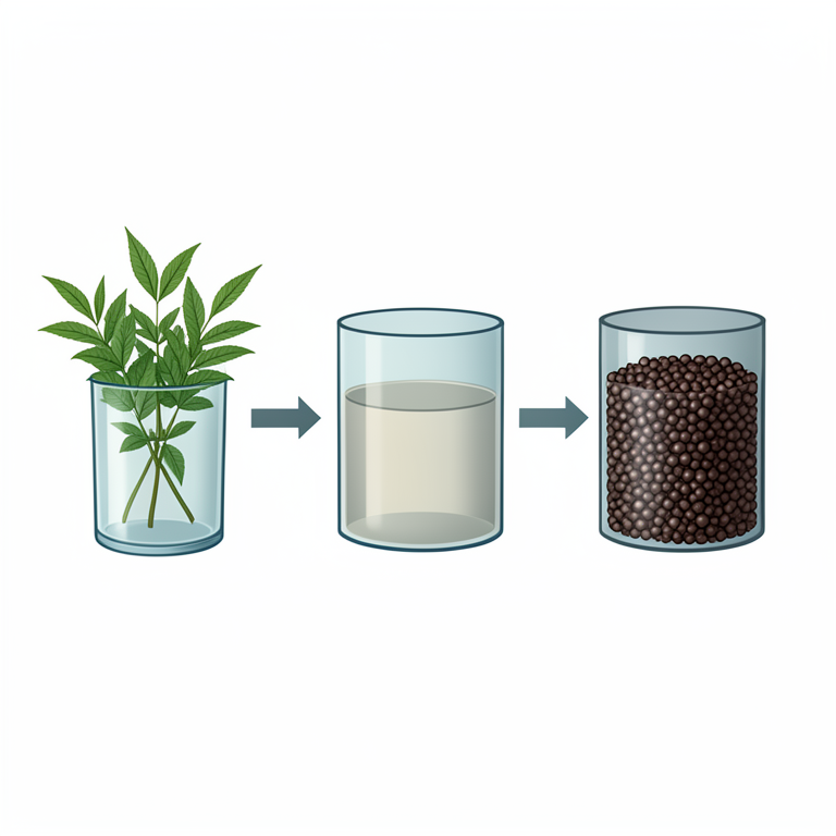 AI-generated conceptual illustration (Parthenium hysterophorus leaves and silver nanoparticles). It explains the idea and does not show study data.
