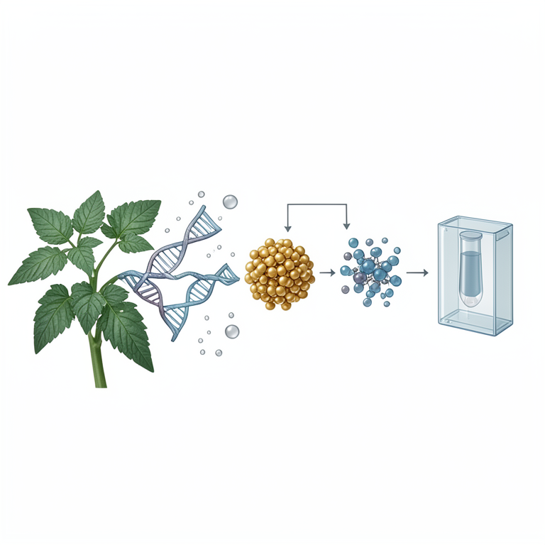 AI-generated conceptual illustration (infected tomato leaves and plant pathogenic bacteria). It explains the idea and does not show study data.