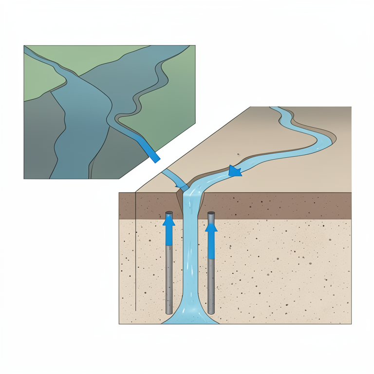 AI-generated conceptual illustration (A river, a dry canal bed, and an underground aquifer in a rural landscape). It explains the idea and does not show study data.