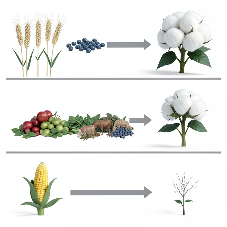 AI-generated conceptual illustration (Winter wheat, triticale, peas, corn, and cotton plants). It explains the idea and does not show study data.