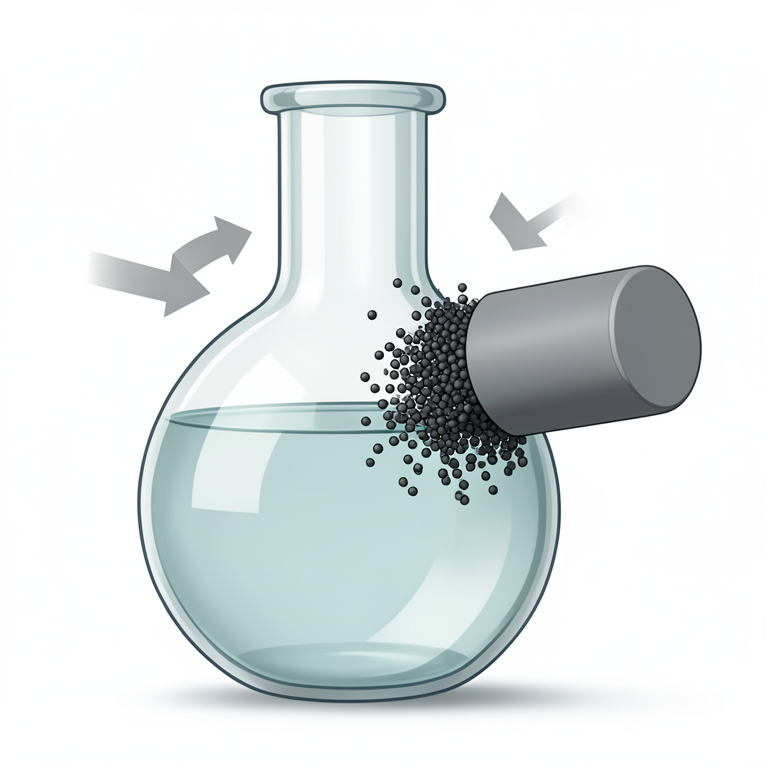 AI-generated conceptual illustration (magnetic ferrite nanoparticles in a glass round-bottom flask). It explains the idea and does not show study data.