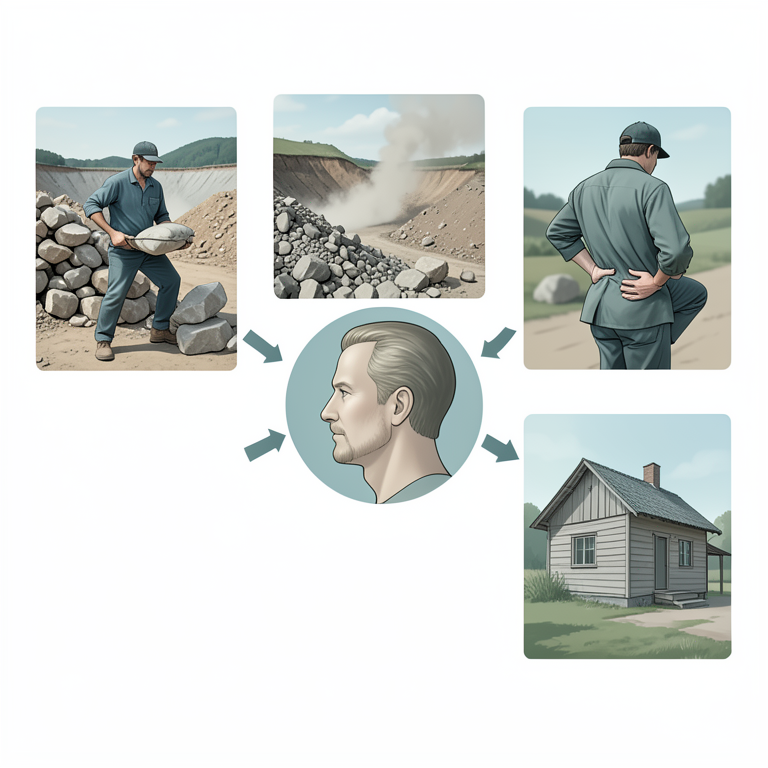 AI-generated conceptual illustration (Limestone mining workers in a rural quarry setting). It explains the idea and does not show study data.