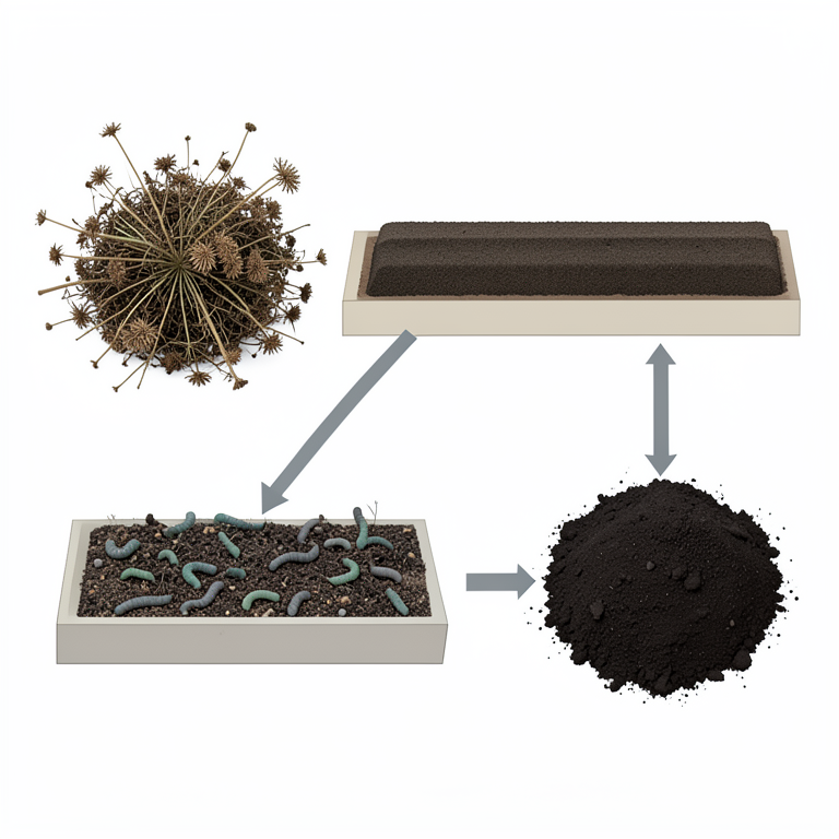 AI-generated conceptual illustration (Parthenium hysterophorus weed biomass, cattle dung, and Eisenia fetida earthworms). It explains the idea and does not show study data.