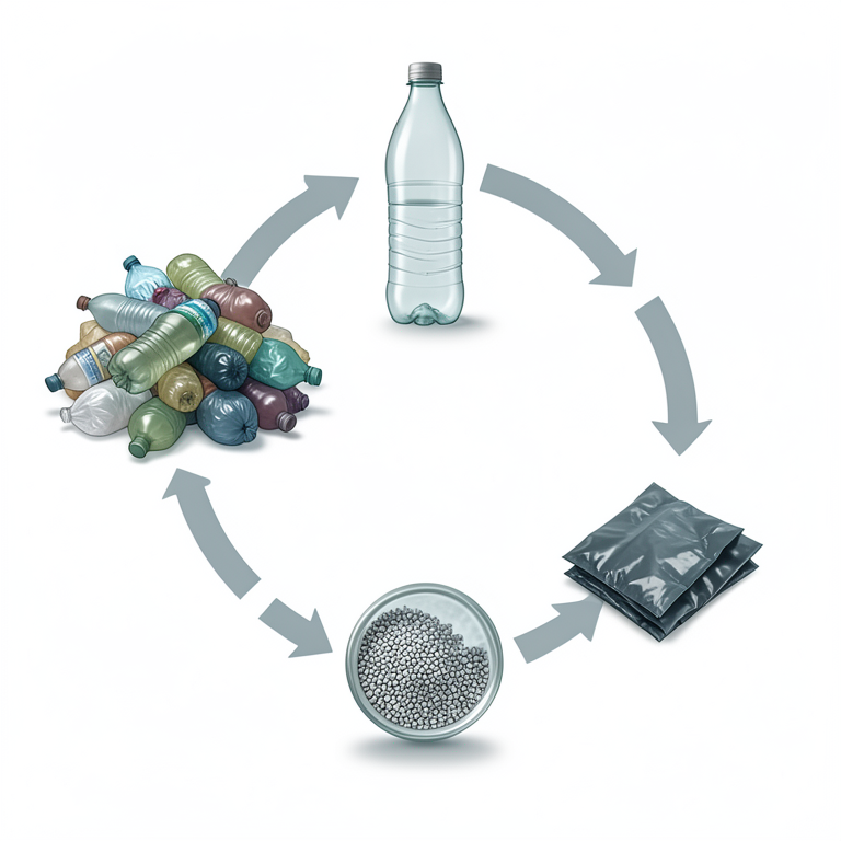 AI-generated conceptual illustration (plastic waste and recycled plastic products). It explains the idea and does not show study data.