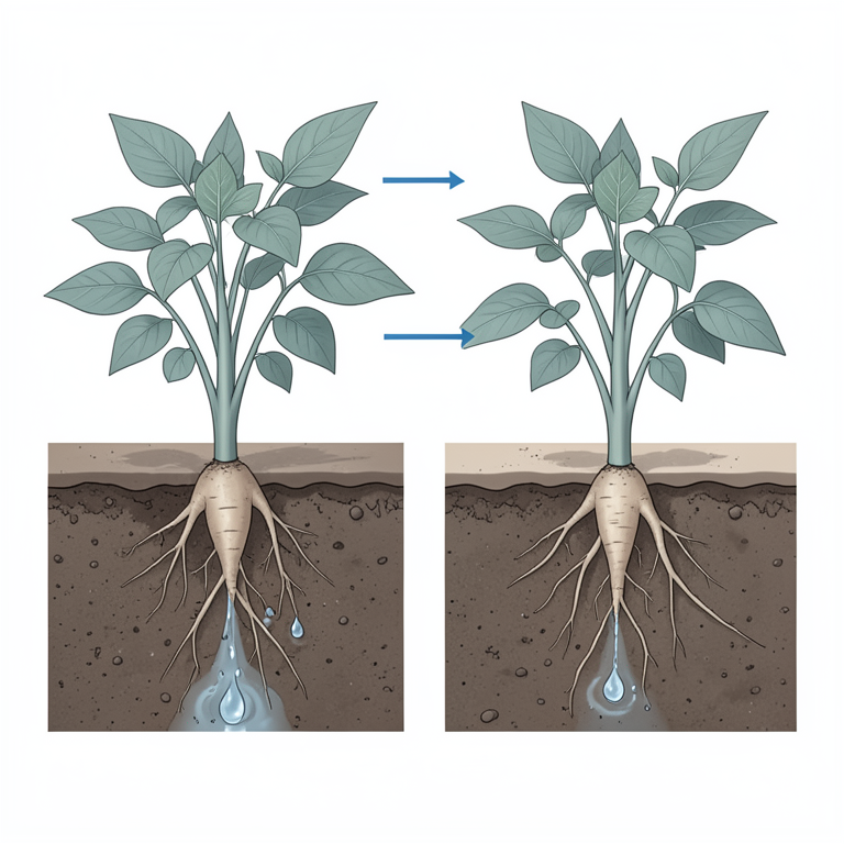 AI-generated conceptual illustration (potato plants (Solanum tuberosum L.) in soil). It explains the idea and does not show study data.