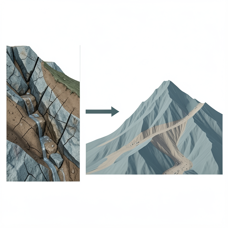 AI-generated conceptual illustration (a mountainous landscape in the Klisan/Sartka area with rocky slopes and sparse vegetation). It explains the idea and does not show study data.