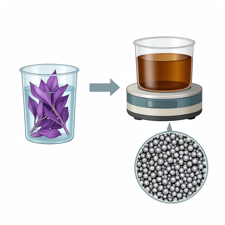 AI-generated conceptual illustration (Crocus sativus plant and silver nanoparticles in laboratory glassware). It explains the idea and does not show study data.