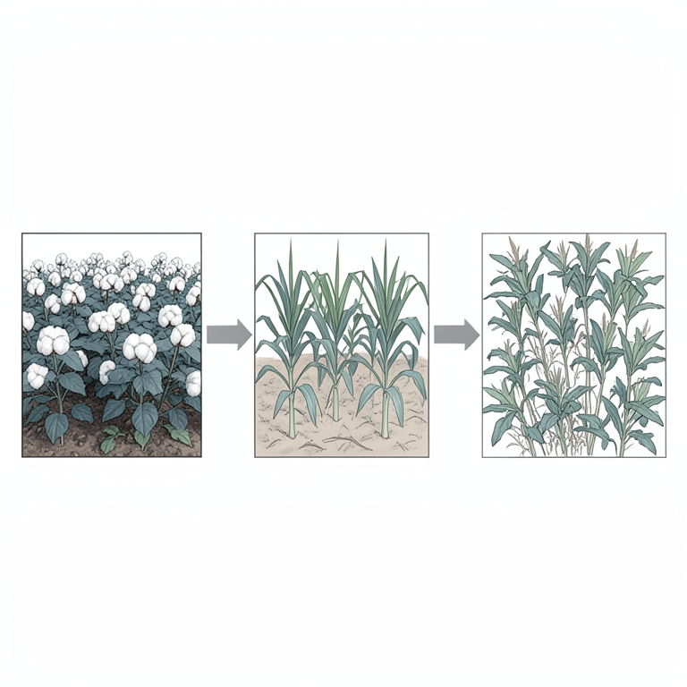 AI-generated conceptual illustration (Indian cash crops (cotton, sugarcane, and tobacco plants)). It explains the idea and does not show study data.