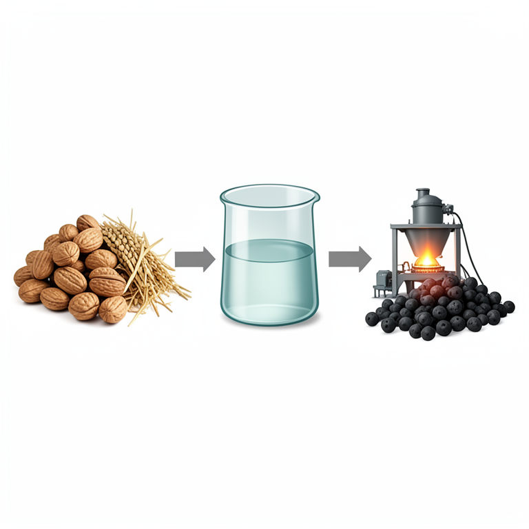AI-generated conceptual illustration (walnut shells, rice straw, and corn cobs). It explains the idea and does not show study data.