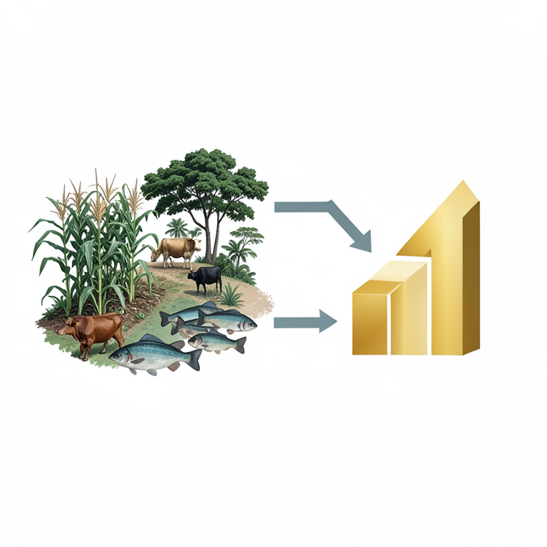 AI-generated conceptual illustration (Nigerian agricultural landscape featuring crops, livestock, fish, and forest trees). It explains the idea and does not show study data.
