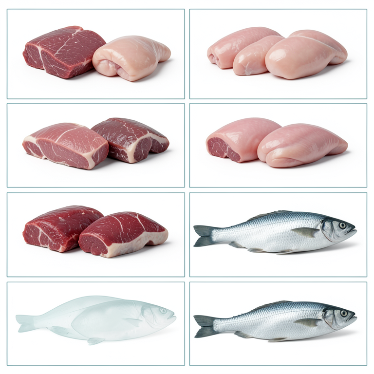 AI-generated conceptual illustration (raw pork, chicken, mutton, and fish fillets). It explains the idea and does not show study data.