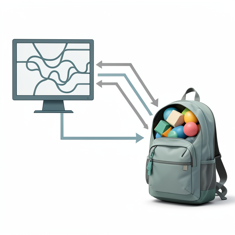 AI-generated conceptual illustration (A computer monitor displaying a coding environment and a physical knapsack bag filled with various geometric objects). It explains the idea and does not show study data.