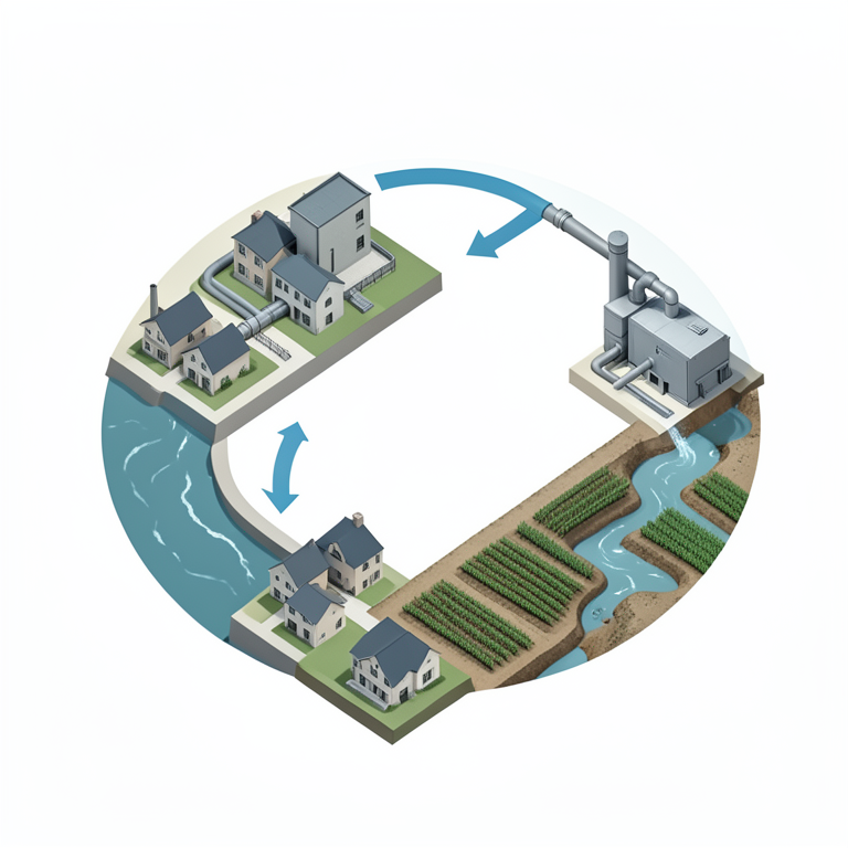 AI-generated conceptual illustration (Urban water infrastructure in a city). It explains the idea and does not show study data.