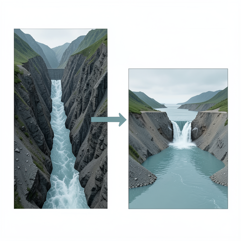 AI-generated conceptual illustration (landslide dams in a mountain valley). It explains the idea and does not show study data.