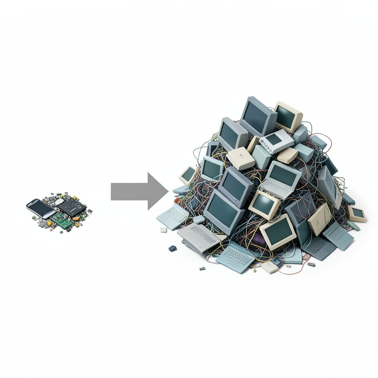 AI-generated conceptual illustration (Electronic waste (e-waste) including old smartphones, laptops, circuit boards, and monitors). It explains the idea and does not show study data.