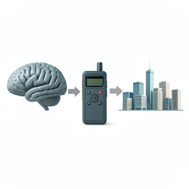 AI-generated conceptual illustration (human brain and a portable Geiger counter dosimeter). It explains the idea and does not show study data.